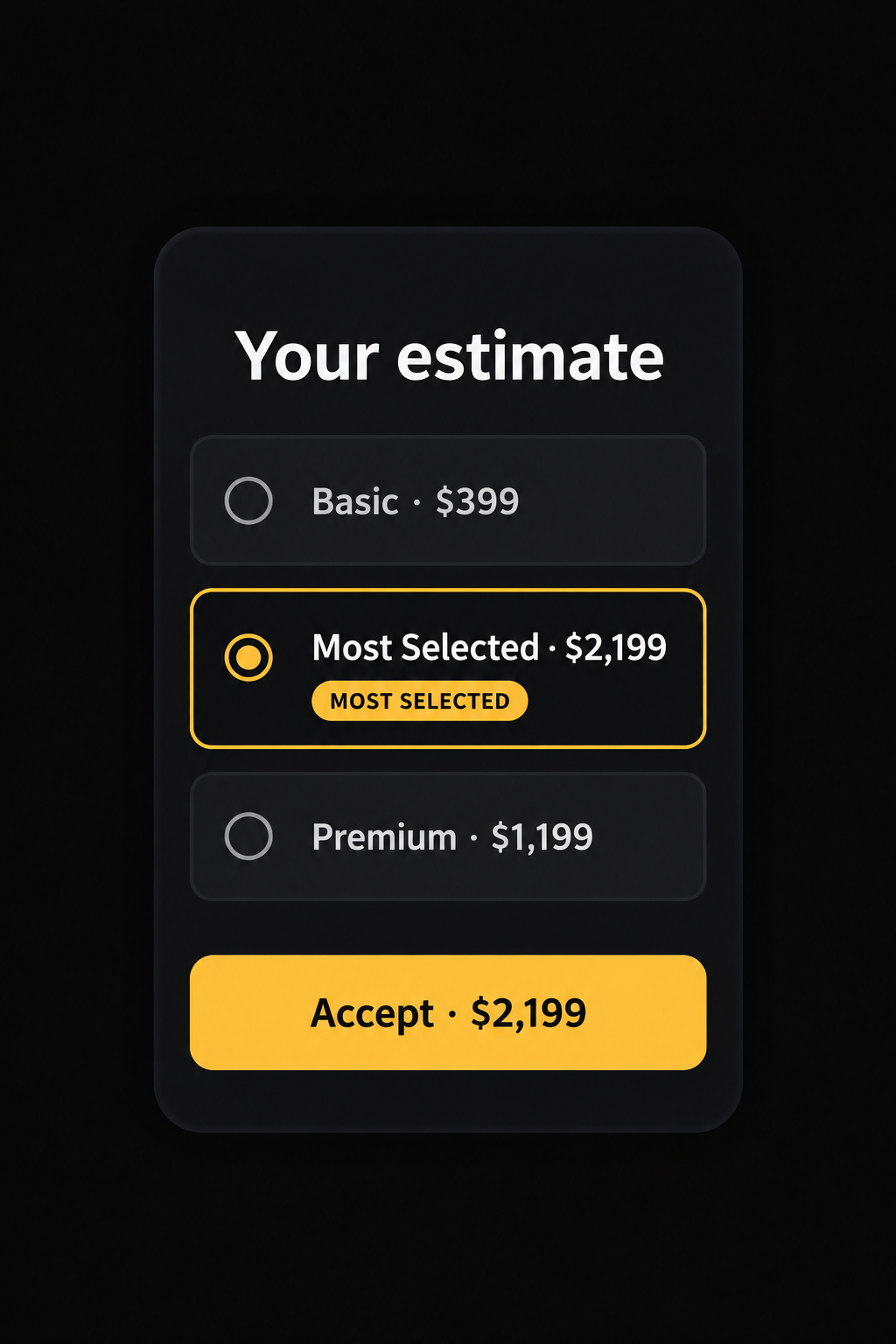 Quote card with Basic and Most Selected options